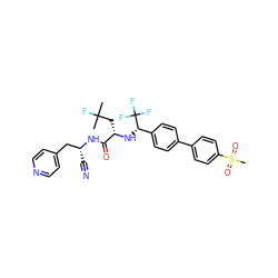 CC(C)(F)C[C@H](N[C@@H](c1ccc(-c2ccc(S(C)(=O)=O)cc2)cc1)C(F)(F)F)C(=O)N[C@H](C#N)Cc1ccncc1 ZINC000064573618