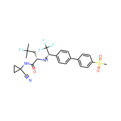 CC(C)(F)C[C@H](N[C@@H](c1ccc(-c2ccc(S(C)(=O)=O)cc2)cc1)C(F)(F)F)C(=O)NC1(C#N)CC1 ZINC000042893657