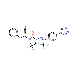 CC(C)(F)C[C@H](N[C@@H](c1ccc(-c2cn[nH]c2)cc1)C(F)(F)F)C(=O)N[C@H](C#N)Cc1ccccc1 ZINC000064540004