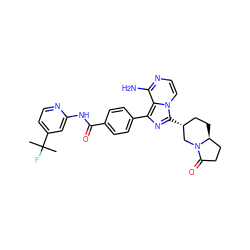 CC(C)(F)c1ccnc(NC(=O)c2ccc(-c3nc([C@@H]4CC[C@H]5CCC(=O)N5C4)n4ccnc(N)c34)cc2)c1 ZINC000145602172