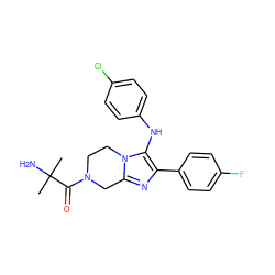 CC(C)(N)C(=O)N1CCn2c(nc(-c3ccc(F)cc3)c2Nc2ccc(Cl)cc2)C1 ZINC000072109941