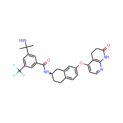 CC(C)(N)c1cc(C(=O)N[C@@H]2CCc3ccc(Oc4ccnc5c4CCC(=O)N5)cc3C2)cc(C(F)(F)F)c1 ZINC000066128696