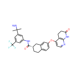 CC(C)(N)c1cc(NC(=O)[C@H]2CCc3ccc(Oc4ccnc5c4CCC(=O)N5)cc3C2)cc(C(F)(F)F)c1 ZINC000064746492