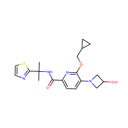 CC(C)(NC(=O)c1ccc(N2CC(O)C2)c(OCC2CC2)n1)c1nccs1 ZINC000206695572