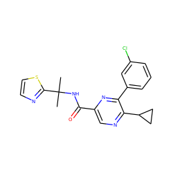 CC(C)(NC(=O)c1cnc(C2CC2)c(-c2cccc(Cl)c2)n1)c1nccs1 ZINC000207339494