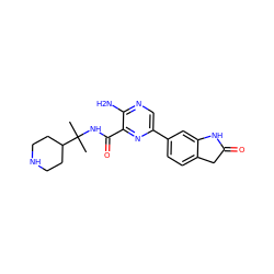 CC(C)(NC(=O)c1nc(-c2ccc3c(c2)NC(=O)C3)cnc1N)C1CCNCC1 ZINC000084596688