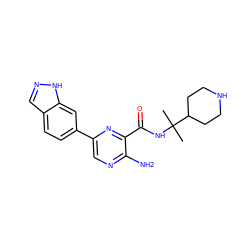 CC(C)(NC(=O)c1nc(-c2ccc3cn[nH]c3c2)cnc1N)C1CCNCC1 ZINC000084635389