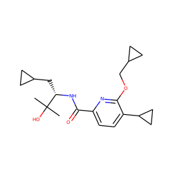 CC(C)(O)[C@H](CC1CC1)NC(=O)c1ccc(C2CC2)c(OCC2CC2)n1 ZINC000207733214