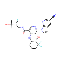 CC(C)(O)[C@H](F)CNC(=O)c1cnc(-n2ccc3cc(C#N)cnc32)cc1N[C@H]1CCCC(F)(F)[C@H]1O ZINC001772623896