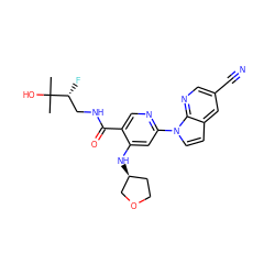 CC(C)(O)[C@H](F)CNC(=O)c1cnc(-n2ccc3cc(C#N)cnc32)cc1N[C@H]1CCOC1 ZINC001772639124