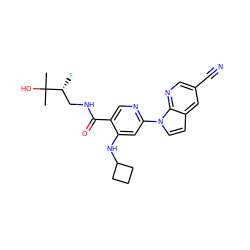 CC(C)(O)[C@H](F)CNC(=O)c1cnc(-n2ccc3cc(C#N)cnc32)cc1NC1CCC1 ZINC001772621385