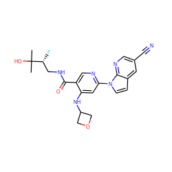 CC(C)(O)[C@H](F)CNC(=O)c1cnc(-n2ccc3cc(C#N)cnc32)cc1NC1COC1 ZINC001772626181