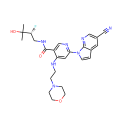 CC(C)(O)[C@H](F)CNC(=O)c1cnc(-n2ccc3cc(C#N)cnc32)cc1NCCN1CCOCC1 ZINC001772602854