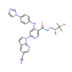 CC(C)(O)[C@H](F)CNC(=O)c1cnc(-n2ccc3cc(C#N)cnc32)cc1Nc1ccc(-n2ccnc2)cc1 ZINC001772654889