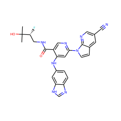 CC(C)(O)[C@H](F)CNC(=O)c1cnc(-n2ccc3cc(C#N)cnc32)cc1Nc1ccc2nc[nH]c2c1 ZINC001772599921