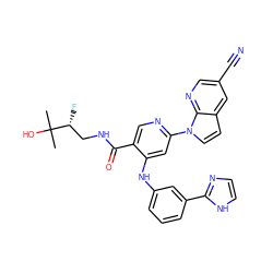 CC(C)(O)[C@H](F)CNC(=O)c1cnc(-n2ccc3cc(C#N)cnc32)cc1Nc1cccc(-c2ncc[nH]2)c1 ZINC001772577051