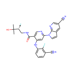 CC(C)(O)[C@H](F)CNC(=O)c1cnc(-n2ccc3cc(C#N)cnc32)cc1Nc1cccc(C#N)c1F ZINC001772631482