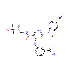 CC(C)(O)[C@H](F)CNC(=O)c1cnc(-n2ccc3cc(C#N)cnc32)cc1Nc1cccc(C(N)=O)c1 ZINC001772627857