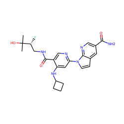 CC(C)(O)[C@H](F)CNC(=O)c1cnc(-n2ccc3cc(C(N)=O)cnc32)cc1NC1CCC1 ZINC001772575576