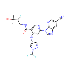 CC(C)(O)[C@H](F)CNC(=O)c1cnc(-n2cnc3cc(C#N)cnc32)cc1Nc1cnn(C(F)F)c1 ZINC001772631453