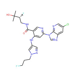 CC(C)(O)[C@H](F)CNC(=O)c1cnc(-n2cnc3cc(Cl)cnc32)cc1Nc1cnn(CCCF)c1 ZINC001772607966