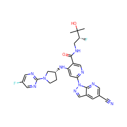 CC(C)(O)[C@H](F)CNC(=O)c1cnc(-n2ncc3cc(C#N)cnc32)cc1N[C@@H]1CCN(c2ncc(F)cn2)C1 ZINC001772590696