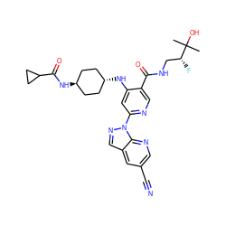 CC(C)(O)[C@H](F)CNC(=O)c1cnc(-n2ncc3cc(C#N)cnc32)cc1N[C@H]1CC[C@H](NC(=O)C2CC2)CC1 ZINC001772650539