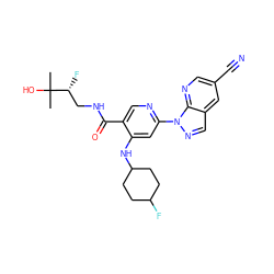 CC(C)(O)[C@H](F)CNC(=O)c1cnc(-n2ncc3cc(C#N)cnc32)cc1NC1CCC(F)CC1 ZINC001772584726