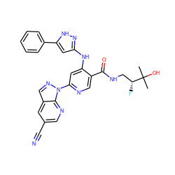 CC(C)(O)[C@H](F)CNC(=O)c1cnc(-n2ncc3cc(C#N)cnc32)cc1Nc1cc(-c2ccccc2)[nH]n1 ZINC001772578623