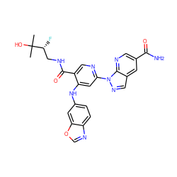 CC(C)(O)[C@H](F)CNC(=O)c1cnc(-n2ncc3cc(C(N)=O)cnc32)cc1Nc1ccc2ncoc2c1 ZINC001772570358