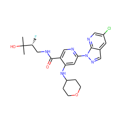 CC(C)(O)[C@H](F)CNC(=O)c1cnc(-n2ncc3cc(Cl)cnc32)cc1NC1CCOCC1 ZINC001772607805