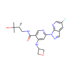 CC(C)(O)[C@H](F)CNC(=O)c1cnc(-n2ncc3cc(F)cnc32)cc1NC1COC1 ZINC001772626253