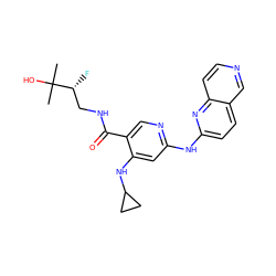 CC(C)(O)[C@H](F)CNC(=O)c1cnc(Nc2ccc3cnccc3n2)cc1NC1CC1 ZINC000219931003