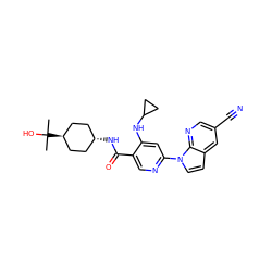 CC(C)(O)[C@H]1CC[C@H](NC(=O)c2cnc(-n3ccc4cc(C#N)cnc43)cc2NC2CC2)CC1 ZINC001772614939