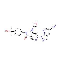 CC(C)(O)[C@H]1CC[C@H](NC(=O)c2cnc(-n3ncc4cc(C#N)cnc43)cc2NC2COC2)CC1 ZINC001772614878