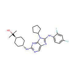 CC(C)(O)[C@H]1CC[C@H](Nc2ncc3nc(Nc4ccc(F)cc4F)n(C4CCCC4)c3n2)CC1 ZINC000254132135