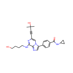 CC(C)(O)C#Cc1cn2c(-c3ccc(C(=O)NC4CC4)cc3)cnc2c(NCCCCO)n1 ZINC000199108251