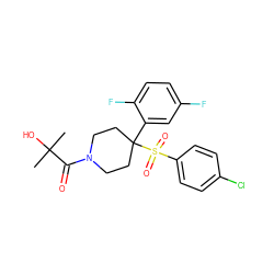 CC(C)(O)C(=O)N1CCC(c2cc(F)ccc2F)(S(=O)(=O)c2ccc(Cl)cc2)CC1 ZINC000084634851