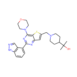 CC(C)(O)C1CCN(Cc2cc3nc(-c4cccc5[nH]ncc45)nc(N4CCOCC4)c3s2)CC1 ZINC000035873355