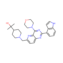 CC(C)(O)C1CCN(Cc2ccc3nc(-c4cccc5[nH]ccc45)nc(N4CCOCC4)c3n2)CC1 ZINC000095574265