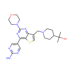 CC(C)(O)C1CCN(Cc2csc3c(-c4cnc(N)nc4)nc(N4CCOCC4)nc23)CC1 ZINC000205713673