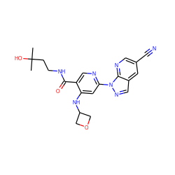 CC(C)(O)CCNC(=O)c1cnc(-n2ncc3cc(C#N)cnc32)cc1NC1COC1 ZINC001772619640