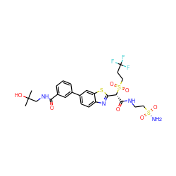 CC(C)(O)CNC(=O)c1cccc(-c2ccc3nc([C@@H](C(=O)NCCS(N)(=O)=O)S(=O)(=O)CCC(F)(F)F)sc3c2)c1 ZINC000222116835