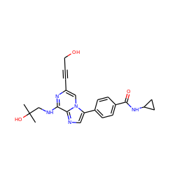 CC(C)(O)CNc1nc(C#CCO)cn2c(-c3ccc(C(=O)NC4CC4)cc3)cnc12 ZINC000199108284
