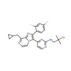 CC(C)(O)CNc1nccc(-c2c(-c3ccc(F)cc3F)nc3c(CC4CC4)nccn23)n1 ZINC000063298607