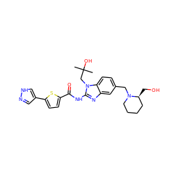 CC(C)(O)Cn1c(NC(=O)c2ccc(-c3cn[nH]c3)s2)nc2cc(CN3CCCC[C@@H]3CO)ccc21 ZINC000040957330