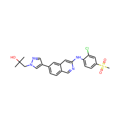 CC(C)(O)Cn1cc(-c2ccc3cnc(Nc4ccc(S(C)(=O)=O)cc4Cl)cc3c2)cn1 ZINC000207771174