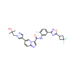 CC(C)(O)Cn1cc(-c2ccc3ncc(C(=O)Nc4cc(-c5noc(C6CC(F)(F)C6)n5)ccc4F)n3c2)cn1 ZINC000206116637