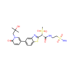 CC(C)(O)Cn1cc(-c2ccc3sc([C@@H](C(=O)NCCS(N)(=O)=O)S(C)(=O)=O)nc3c2)ccc1=O ZINC000144127739