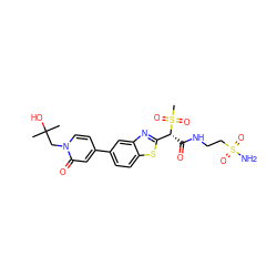 CC(C)(O)Cn1ccc(-c2ccc3sc([C@@H](C(=O)NCCS(N)(=O)=O)S(C)(=O)=O)nc3c2)cc1=O ZINC000143947902